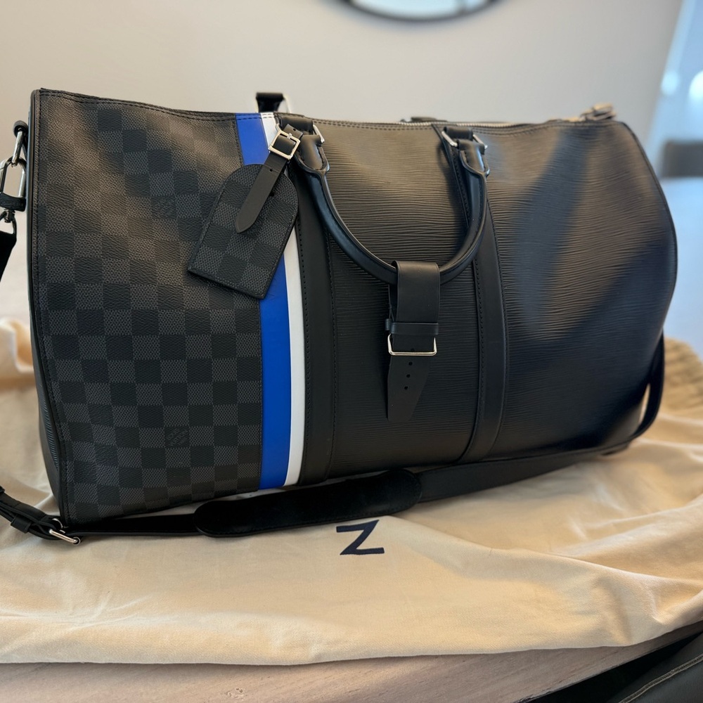 Louis Vuitton Black Duffel Bag with Blue Stripe
